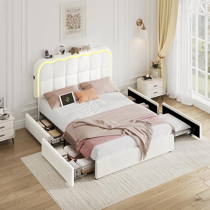 Full Size Bed Frame with 4 Storage Drawers and LED, Adjustable Clouds Headborad, Velvet Upholstered Platform Full Bed Frame with Charing Station, Wood Slats Support, No Box Spring Needed,White