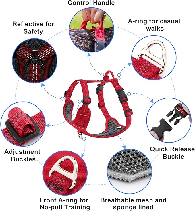 Plutus Pet No Pull Dog Harness, Reflective Adjustable Dog Vest Harness with Handle, Escape Proof, Soft Padded for Small Medium Large Dogs (Red, XL)