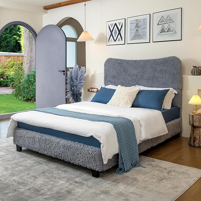 Brafab Queen Bed Frame with Headboard, Boho Fluffy Boucle Cloud Upholstered Platform Bed with Soft Rounded Corners and Wooden Slats, No Box Spring Needed, Noise Free, Easy Assembly, Gray