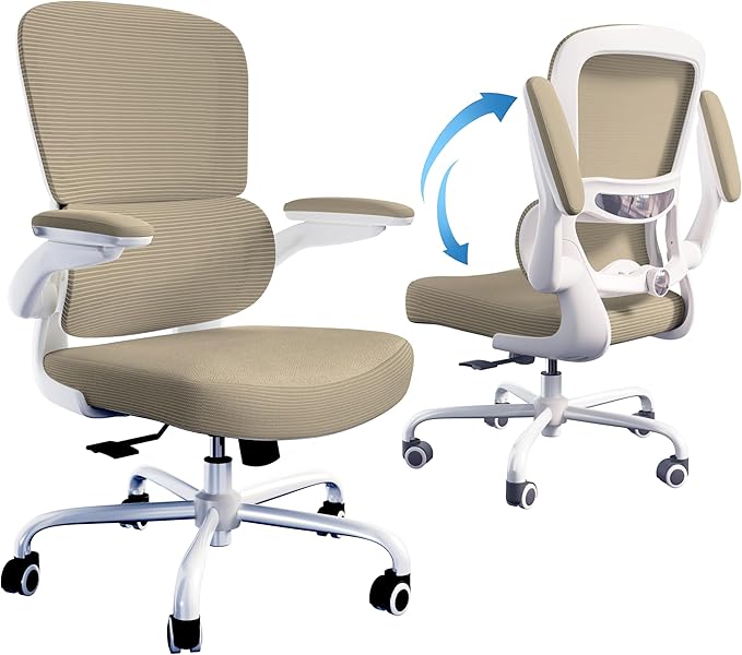 TRALT Ergonomic Office Chair - Desk Chair with Adjustable Lumbar Support Computer Chair - Mesh Comfy Chair with Flip-up Armrests - Gaming Chairs for Adults Home Office (PU Leather, Khaki)