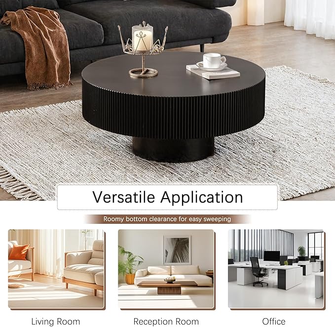 30.91" Round Drum Coffee Tables Modern Handcraft Drum Coffee Table Circle Coffee Table with Sturdy Pedestal, Fluted Wood Coffee Tables Accent End Table for Living Room,Black Thickened