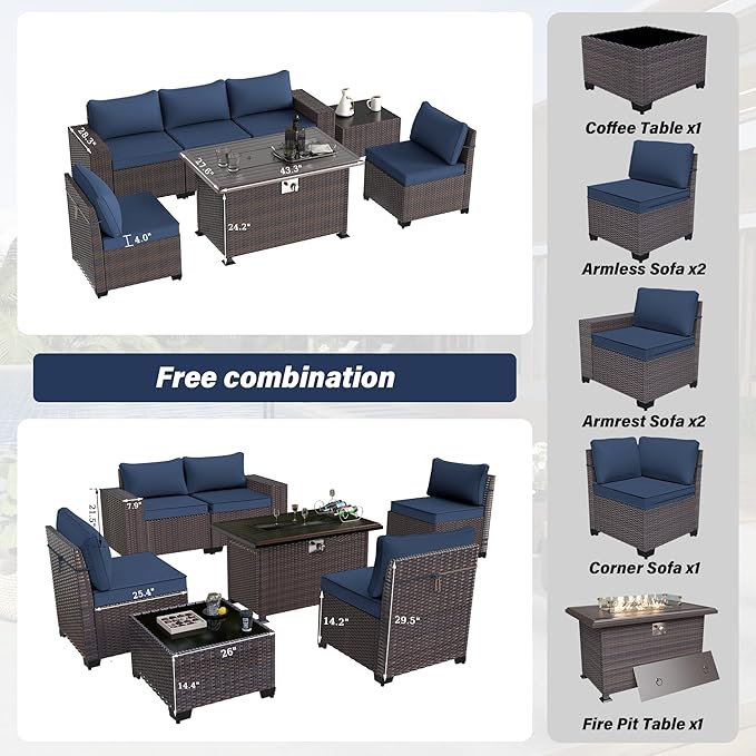 Kurapika 7 Pieces Patio Furniture Set, Rattan Outdoor Conversation Sets w/43in Propane Fire Pit Table and 4 Inch Cushion(Navy Blue)