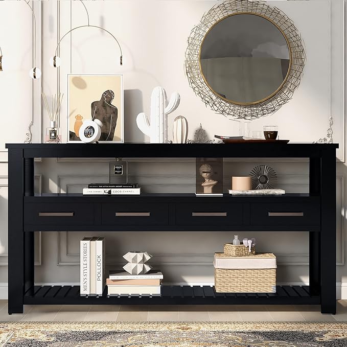 Modern Console Table 62-Inch Long Narrow Entry Sofa Table with Storage Shelves & Drawers for Living Room Entryway (Black)