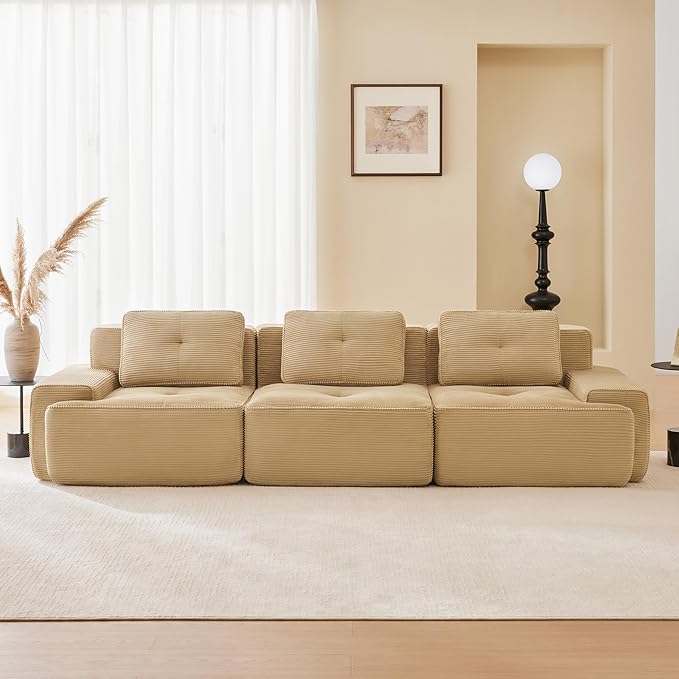 115.3'' Sectional Sofa, 32D Foam Corduroy Boneless Couch with Pillow, Deep Seat Wide Arm Sectional Couch for Apartment, Living Room, Bedroom
