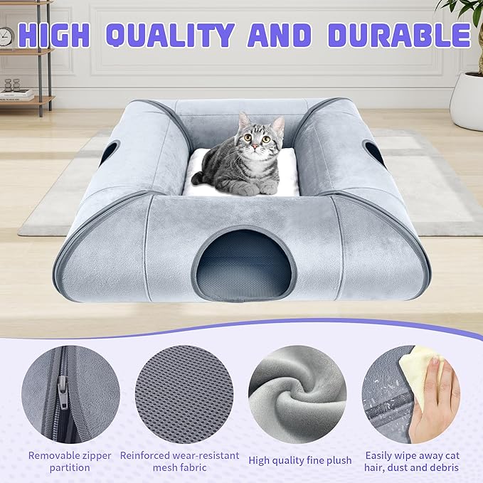 Indoor Cat Cave Bed, Sturdy and Scratch Resistant Removable Cat Tunnel Bed with Removable Soft Pad,Suitable for Small Cats (Gray)