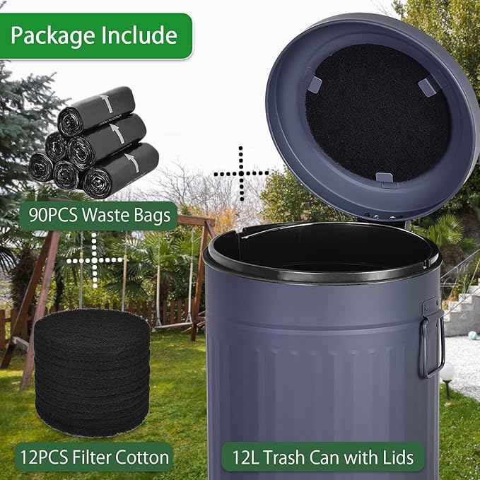 Dog Poop Trash Can with Lid for Outdoors,3.2 Gallon Trash Can with Activated Carbon Filter & Plastic Bags, Pet Waste Container,UP12L-GY-Y+90BK