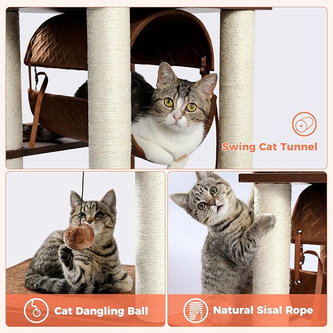 52" Modern Cat Tree for Large Cats, Wooden Cat Tower with Fully Sisal Covered Scratching Posts, Luxury Cat Furniture with Spacious Perch, Super Large Hammock, Cozy Condo and Swing Tunnel Brown
