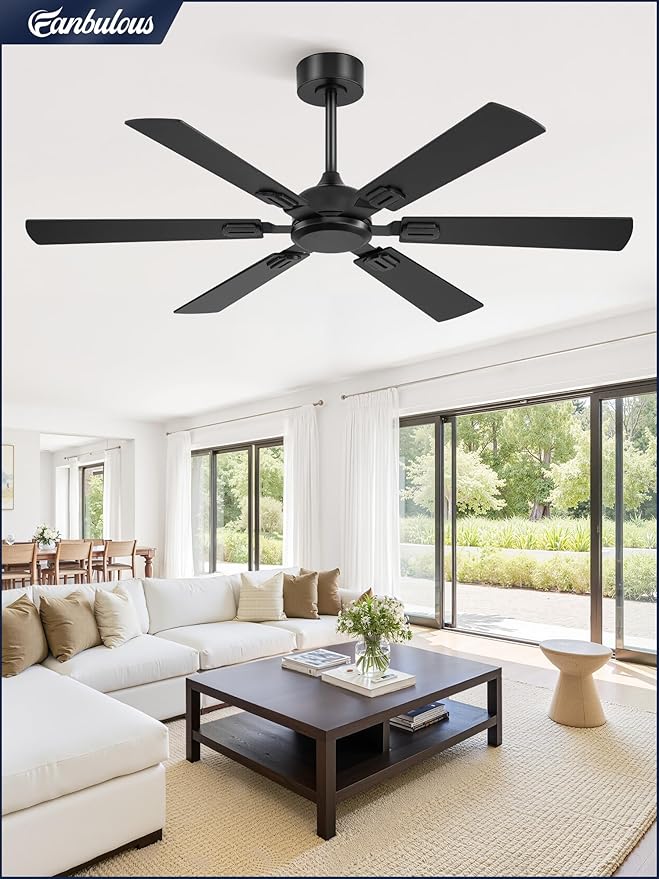 Fanbulous 52 Inch Ceiling Fans No Light with Remote, Modern Ceiling Fan Without Light, Dual Finish 6 Blades, Reversible Quiet DC Motor, 6 Speed, Large Ceiling Fan for Indoor or Covered Outdoor, Black