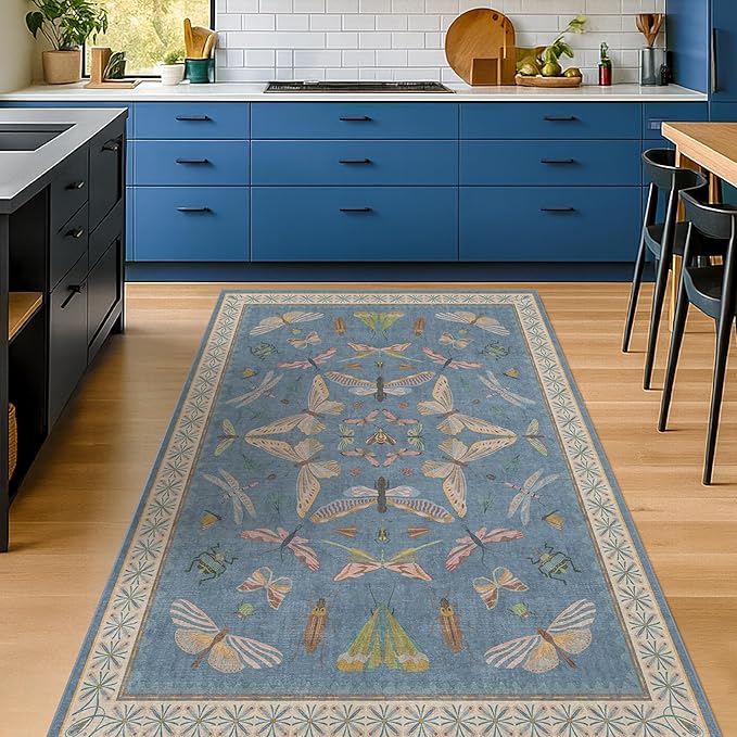 Washable 4x6 Small Rug for Living Room, Area Rug for Kitchen, Bedside, Large Entryway Indoor - Stain Resistant Non Slip with Rubber Backing, Insect Print Aethestic Décor, Light Blue & Aqua