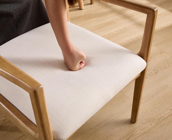 EALSON Rattan Dining Chairs with Arms Set of 6 Mid Century Dining Room Chairs with Wood Legs Linen Upholstered Kitchen Chairs Farmhouse Cane Back Arm Chairs for Living Room, Beige, Light Natural