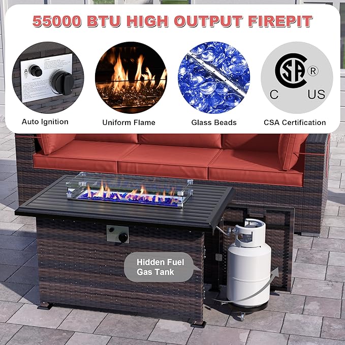 Kurapika 13 Pieces Patio Furniture Set, Rattan Wicker Outdoor Conversation Sets w/43in Propane Fire Pit Table, Swivel Rocking Chairs Patio Sectional Sofa w/4 Inch Cushion, Red