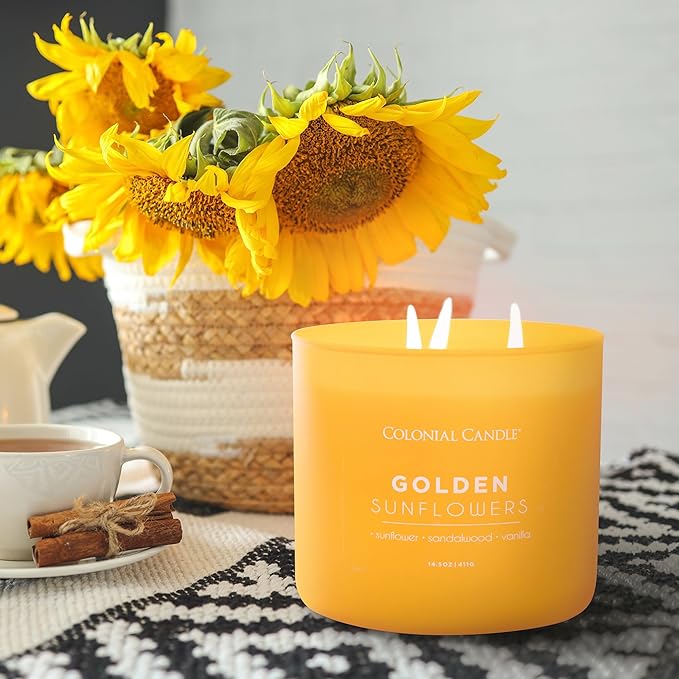 Colonial Candle Golden Sunflowers Scented Jar Candle, Pop of Color Collection, 3 Wick, 14.5 oz - Up to 60 Hours Burn