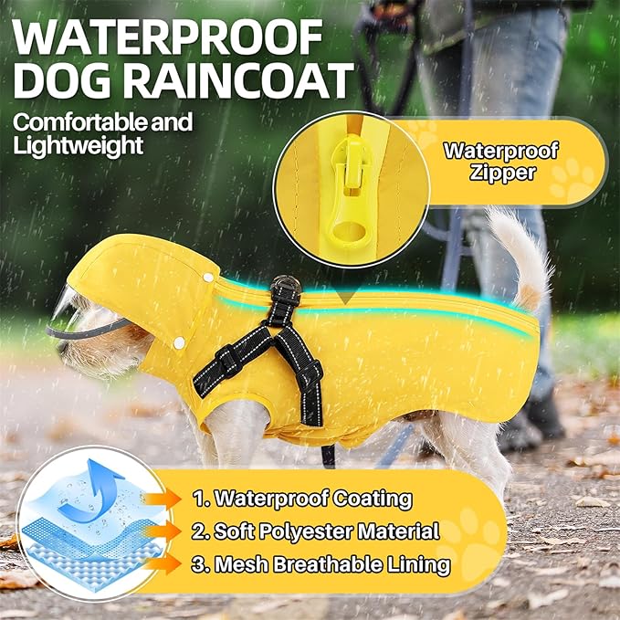 SlowTon Dog Raincoat Waterproof - Dog Rain Jacket with Harness and Hood Lightweight, Reflective Dogs Rain Coat for Large Medium Small Dogs Girl Boy Puppy Poncho Pet Clothes (Yellow, 3XL)