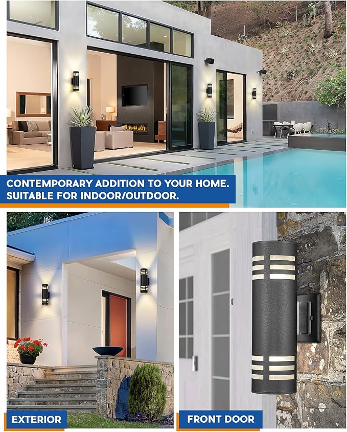 TENGXIN Outdoor Exterior Wall Light,Up and Down Cylinder Modern Porch Light,Stainless Steel 304 and Toughened Glass,Black Finished,E27,UL Listed