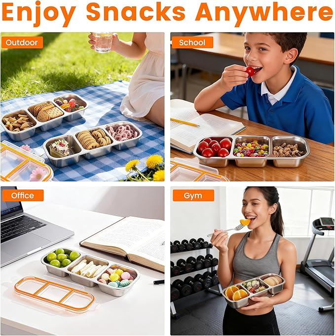 Bandesun Stainless Steel Snack Containers for Kids & Adults, 3 Pack Leek Proof Metal Bento Lunch Box with with lids, Lunchable Containers for Travel, School, Home - Stackable Bento Snack Box