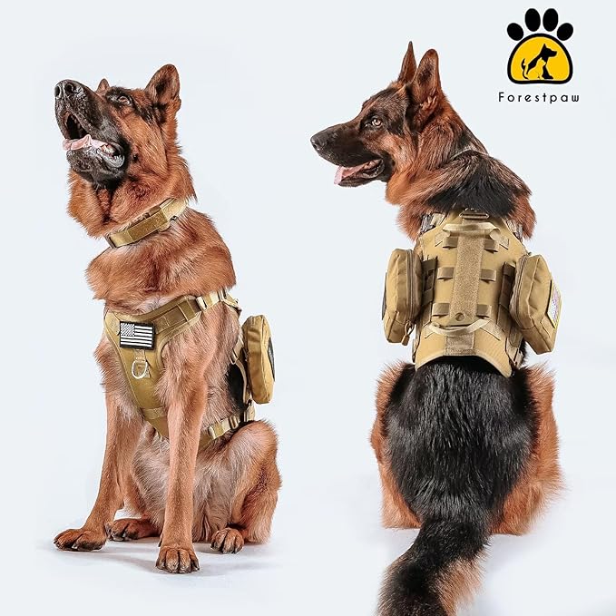 Forestpaw Tactical Dog Harness for Large Dogs,Tactical Dog Collar with Bungee Leash Set,No Pull Military Dog Harness for Walking Training,Adjustable for Medium Large Dogs,Khaki,Chest 15.5-25.5"