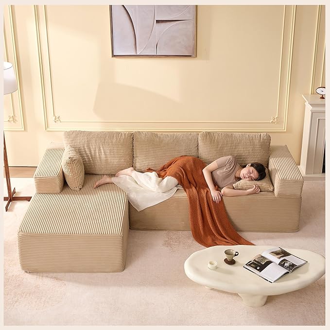 107" Boneless Couch with Deep Seat, Modular Sectional Sofa, Cloud Sectional Couch for Living Room, No Assembly Required, Corduroy, L-Shape Left?Camel