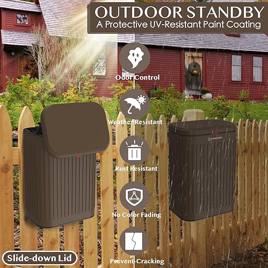 PAWZIDEA Wall Mount Dog Poop Trash Can Outside, 2.1 Gallon Small Dog Waste Bin with Lid, Activated Carbon Odor Control, Waterproof Metal Pet Waste Disposal Container, Fence Hang Poop Proof Garbage Can