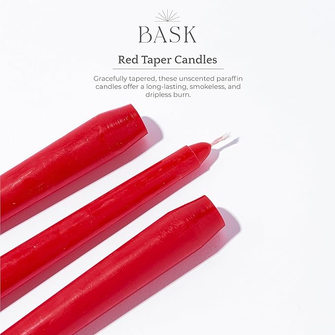 Bask 10-inch Taper Candles - Unscented and Dripless - Burns for 8 Hours - Home Decor for Dinner Table, Kitchen, and Bedroom - Perfect for a Romantic Date or Anniversary - 12-Pack - Red