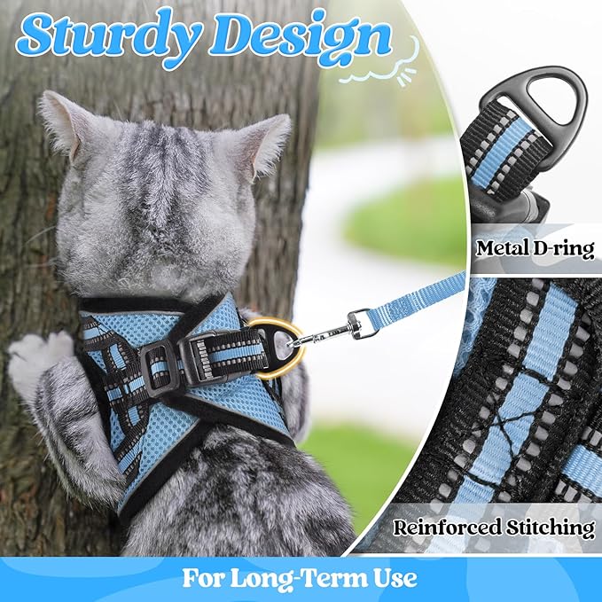 rabbitgoo Cat Harness and Leash Set for Walking Escape Proof, Adjustable Soft Kittens Vest with Reflective Strip for Cats, Comfortable Outdoor Vest, Light Blue, M