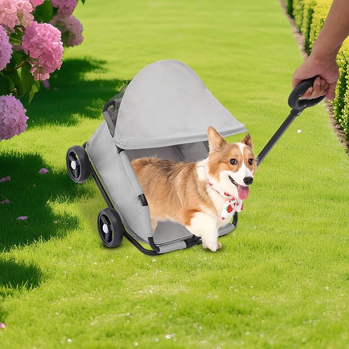 Small Dog Stroller, Pet Stroller for Shopping Walking, 4 Wheels Folding Dog Cart, for Cats/Dogs Weighing Less Than 15.43 Pounds (Grey)