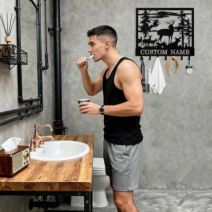 Personalized Deer Forest Key Holder Wall Mount, Custom Metal Keys Hanger for Wall with Name, Custom Key Rack Holder with Hooks for Entryway, Front Door, Hallway, Living Room, Kitchen