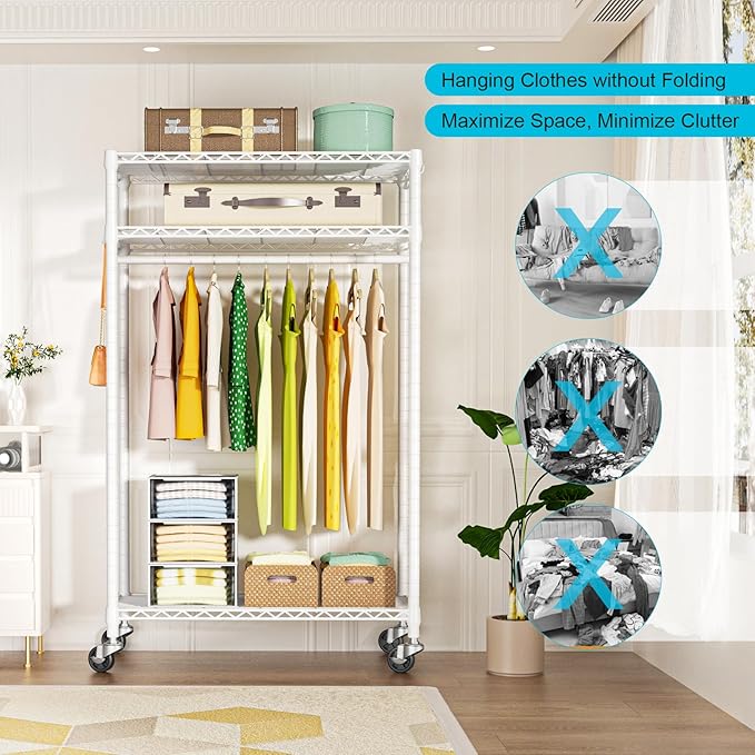 FUTASSI P3 Rolling Clothes Rack, Clothing Racks for Hanging Clothes, Heavy Duty Garment Rack with Wheels, Freestanding Portable Closet Organizer 39.4''W x 14''D x 78.5''H, Max Load 464 LBS, White