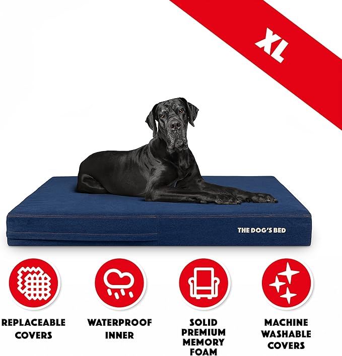 The Dog’s Bed Orthopedic Memory Foam Dog Bed, XXL Blue Denim54x36, Pain Relief for Arthritis, Hip & Elbow Dysplasia, Post Surgery, Lameness, Supportive, Calming, Waterproof Washable Cover