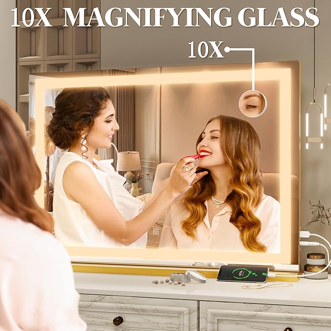 FENNIO Vanity Mirror with Lights 32"x22", Lighted Makeup Mirror, Large Vanity Mirror, Touch Sensor with 3-Color Lighting, 10X Magnification and USB Charging Port for Vanity Desk(Square Gold)