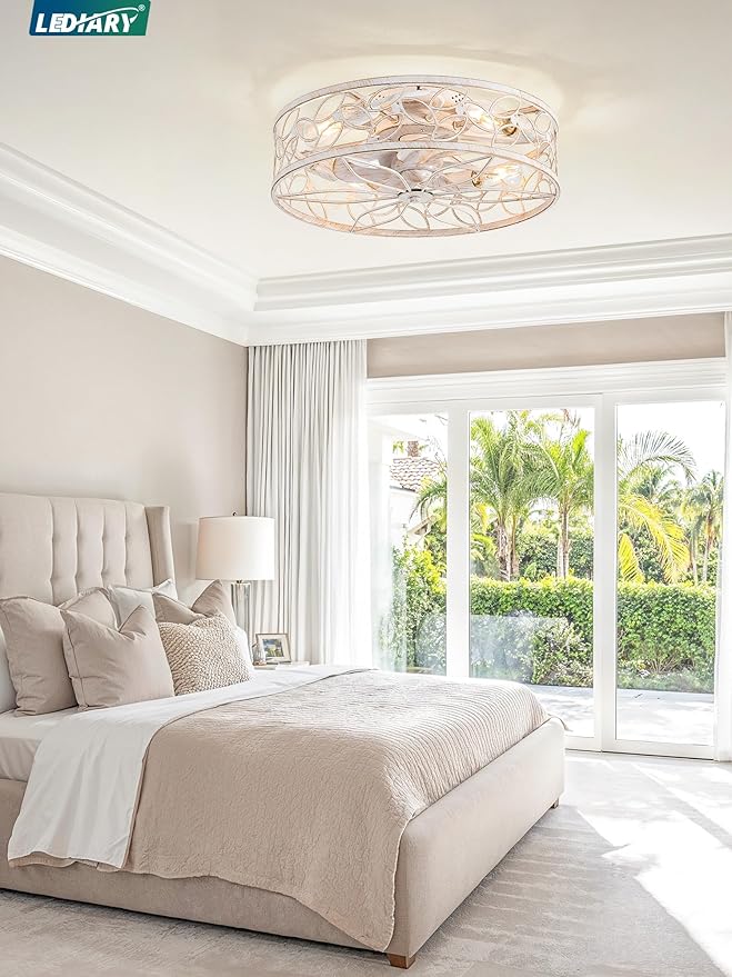 LEDIARY 20 Inch Caged Ceiling Fans with Lights, White Flush Mount Ceiling Fan with Remote, Low Profile Bladeless Ceiling Fan Light Fixture for Bedroom, Kitchen, Dining Room-White Gold Color