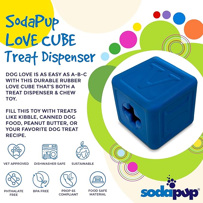 SodaPup Love Cube – Durable Dog Treat Dispenser & Chew Toy Made in USA from Non-Toxic, Pet Safe, Food Safe Natural Rubber Material for Mental Stimulation, Problem Chewing, Calming Nerves, & More