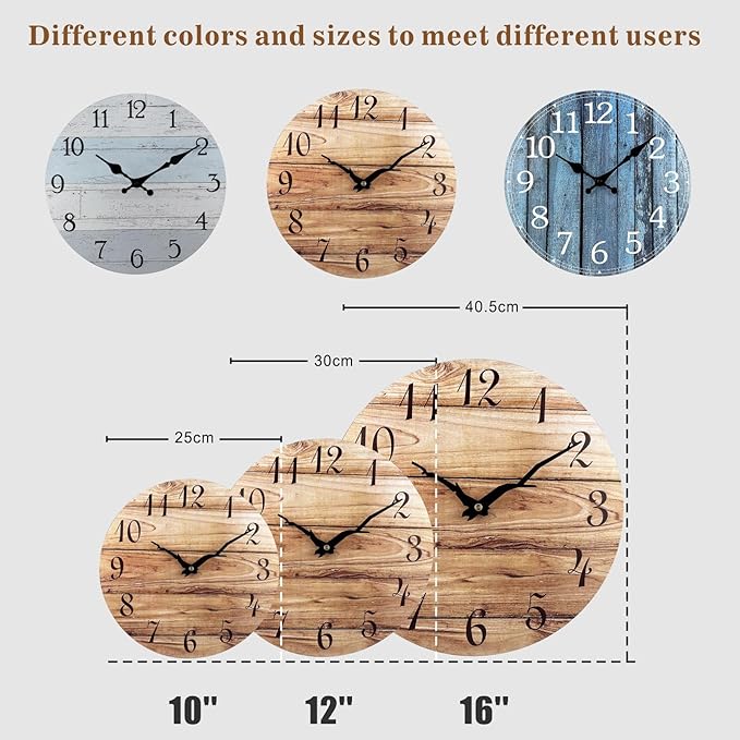 Plumeet Small Wall Clock, 10'' Frameless Wooden Wall Clocks with Silent Quartz Movement, Rustic Coastal Country Village Clocks Decorative for Kitchen Bedroom Living Room, Blue