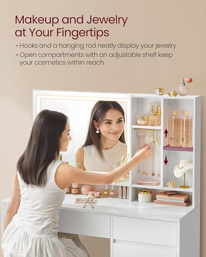 VASAGLE KAILYN Collection - 43.3-Inch Wide Vanity Desk with Mirror and Lights, Power Outlets, Vanity Table Set with Stool, Jewelry Storage, Adjustable Shelves, for Bedroom, Cloud White URDT632W02