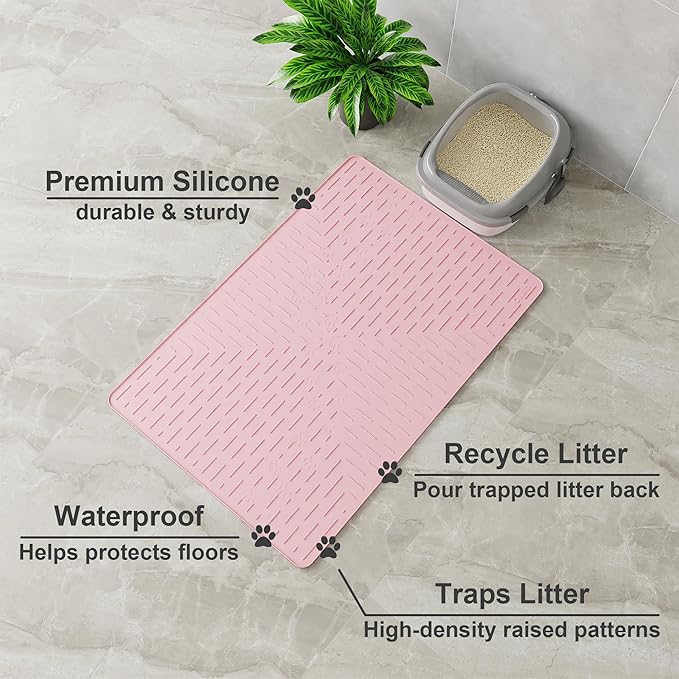 OHMO Cat Litter Mat Trapping Mat Premium Silicone 37.5x25.2,Pink, Waterproof and BPA Free Kitty Litter Box Mat, Easy to Clean and Keeps The Floor Tidy