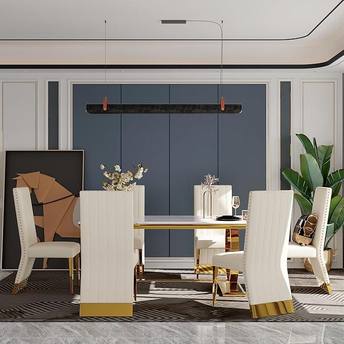 Dining Chairs, White Faux Leather Upholstered Dining Chair with Nailhead Trims, Gold Dining Room Chairs Set of 6