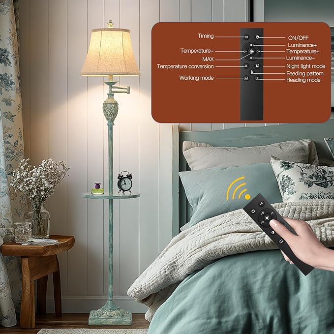 Traditional LED Floor Lamp with 350° Adjustable Swing Arm Lamp – Vintage Standing Pole lamp for Living Room, Bedroom and Office – Rustic Upright Floor Light for Home Décor with Silk Fabric Shade