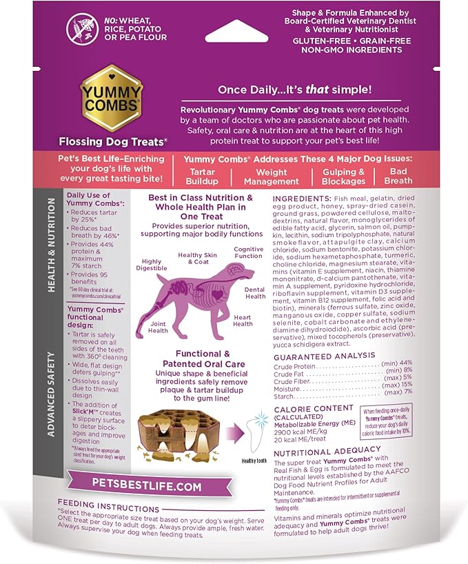 Yummy Combs Dog Dental Treats – Fish & Egg Protein – Vet VOHC Approved, Removes Tartar – A Daily Teeth Cleaning Treat for Large Dogs (15 Count)