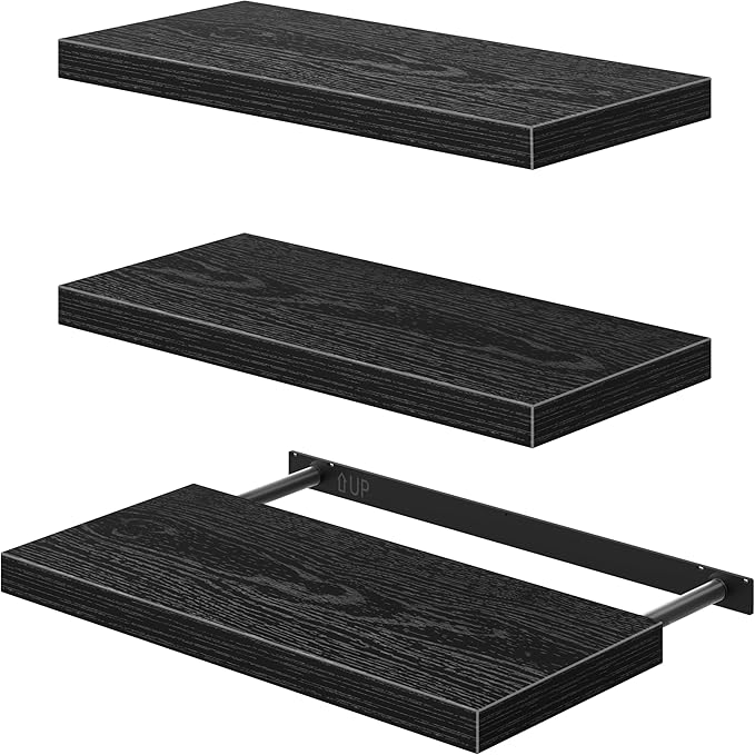 QEEIG 10" Deep Floating Shelves for Wall - 10 x 24 inch Book Shelf Bathroom Bedroom Kitchen Living Room Hanging Bookshelf Farmhouse Set of 3, Black (025-60B3)