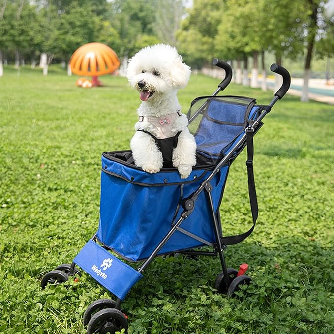 Wedyvko Pet Dog Stroller, 4 Wheel Foldable Cat Dog Stroller with Storage Basket, Handle 360° Front Wheel Rear Wheel with Brake for Small Medium Dogs & Cats (Blue)