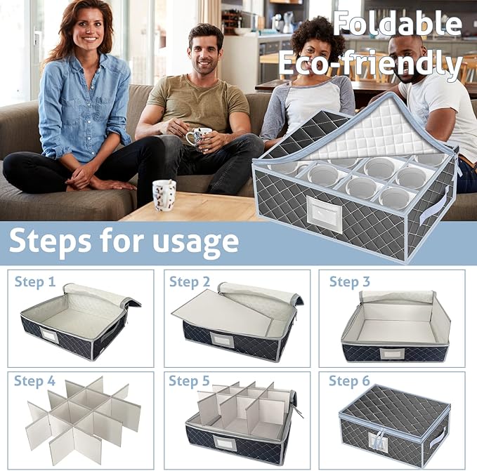 VERONLY Mug and Cup Storage Box with Dividers - 2 Pack China Storage Bin Containers Holds 24 Glassware, Stackable Coffee Mug Organizer Bin and Tea Cup with 2 Metal Zipper,Label and Handles (Grey)