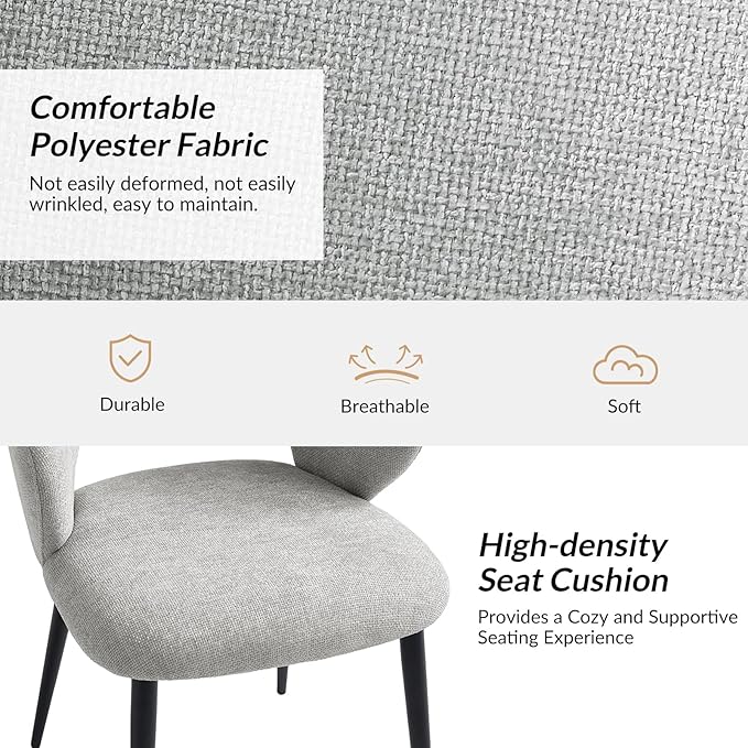 Contemporary Dining Chairs with Armrests – Ergonomic Soft-Padded Seat, Curved Backrest, Matte Black Metal Legs, Comfortable Kitchen & Dining Room Chairs, Set of 6