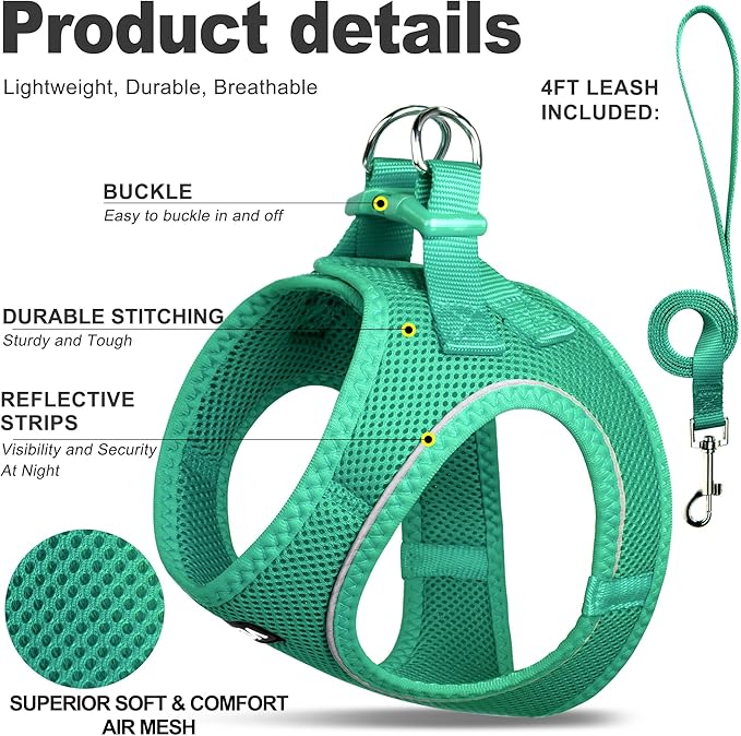 Fida Cat Harness and Leash Set for Walking Kitten and Puppy, Escape Proof Kitten Harness with Breathable Lightweight Soft Mesh, Adjustable Reflective Step-in Design. (XXS, Green)