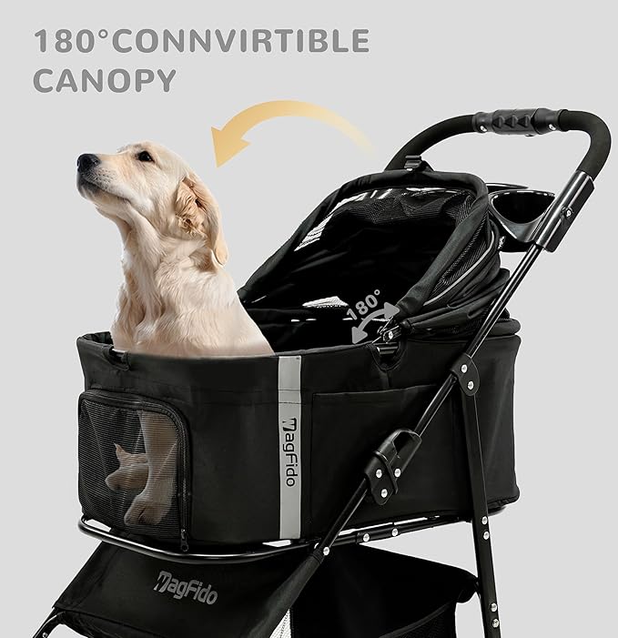 Pet Stroller,4 Wheels 3in1 Multifunctiona Dog Stroller with Brake,33lb Weight Capacity,Lightweight Portable One-Click Folding,Storage Basket Cup Holder,for Dogs/Cats Travel,Black