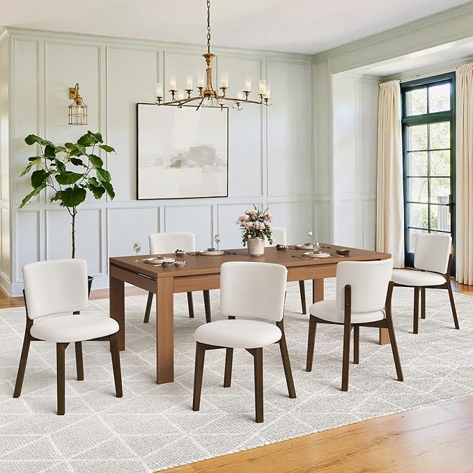 LUE BONA Wooden Dining Chairs Set of 4, Comfortable Wide Back Kitchen Side Chairs, Strong Thick Legs for Modern Farmhouse Dining Room, Beige Upholstered and Dark Brown Leg