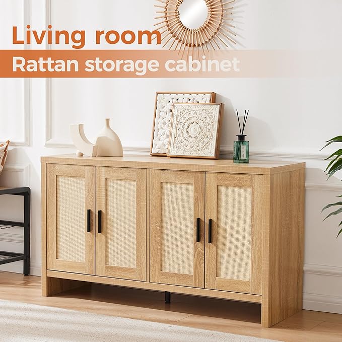 Mericonia Rattan Buffet Cabinet with Storage, Sideboard Cabinet with Doors and Adjustable Shelves, Farmhouse Coffee Bar Station Table, Modern Wood Cupboard for Kitchen, Livingroom and Dining Room