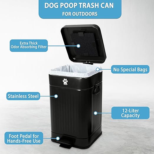 Dog Poop Trash Can Outside - Outdoor Dog Waste Trash Can with Lid - Odor Proof Waste Station Container for Backyard - 12L/3.2Gal (Black)