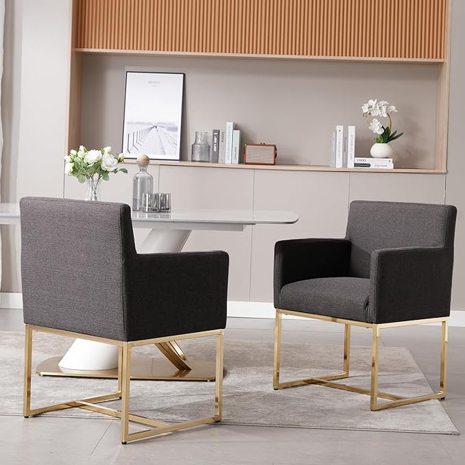 Upholstered Dining Chairs with Armrest Set of 4 Mid Century Modern Accent Chairs Armchairs with Gold Metal Frame, Modern Kitchen & Dining Room Chairs, Charcoal