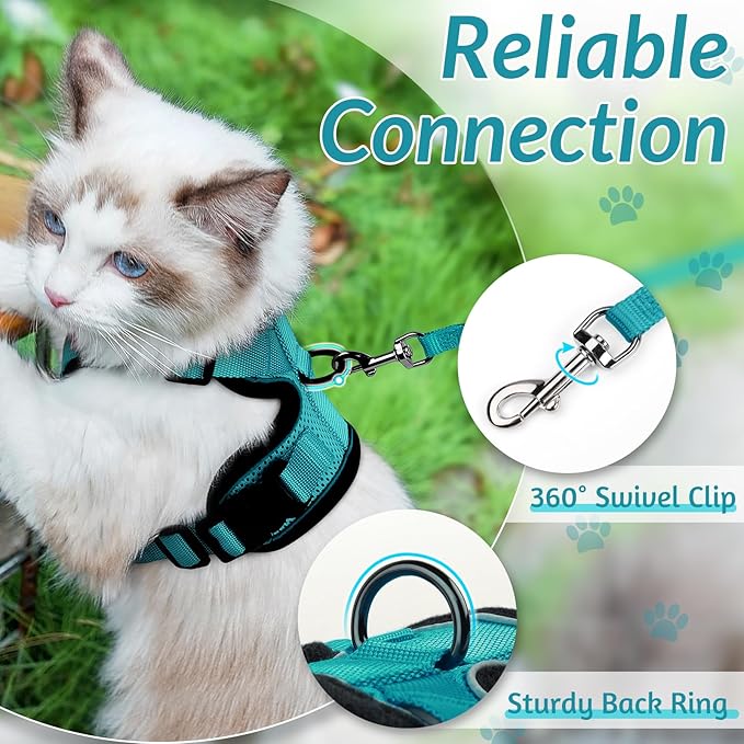 rabbitgoo Cat Harness and Leash for Walking, Escape Proof Soft Adjustable Vest Harnesses for Cats, Easy Control Breathable Reflective Strips Jacket, Teal, XXS