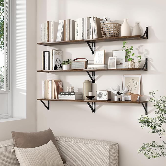 Axeman Floating Shelves for Wall 40 Inch | 39.4W x 8D Rustic Wood Floating Shelves Set of 2 | 8 Inch Deep Long Wall Shelves for Bathroom Kitchen Living Room | Bookshelf Display Shelves - Rustic Brown