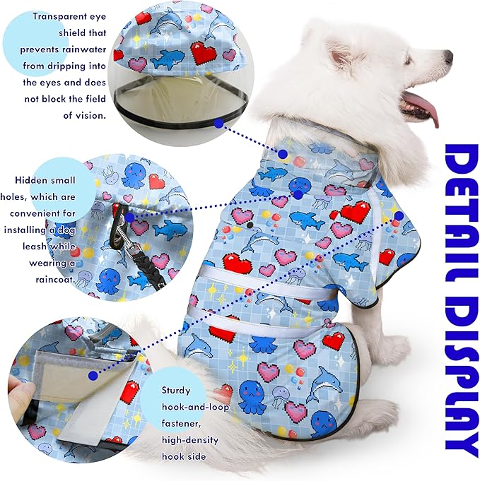 Dog Raincoat, Adjustable Dog Rain Jacket with Clear Hooded Double Layer for Large Medium Small Dogs Puppies, Waterproof Rain Coat Poncho Ocean Dolphin, Blue-XL
